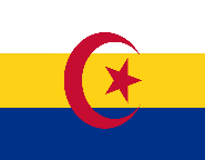 Флаг с Белой, желтой и синей полосами. Посередине красный полумесяц со звездой